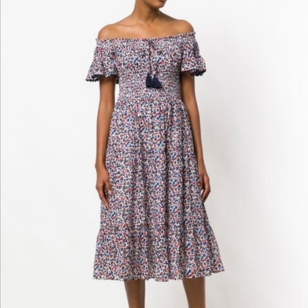 Tory Burch Wildflower Floral Tiered Off shoulder Smoked Navy piping Midi Dress S - Picture 6 of 17